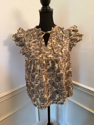 Farmers Market Boho Floral Paisley Pintuck Blouse Cotton Ruffle Sleeve Cottage thumbnail 1