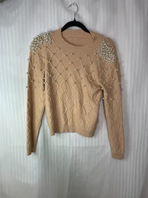 Women's Pearl Embellished Knit Sweater Beige Mock Neck Long Sleeve S/M thumbnail 4
