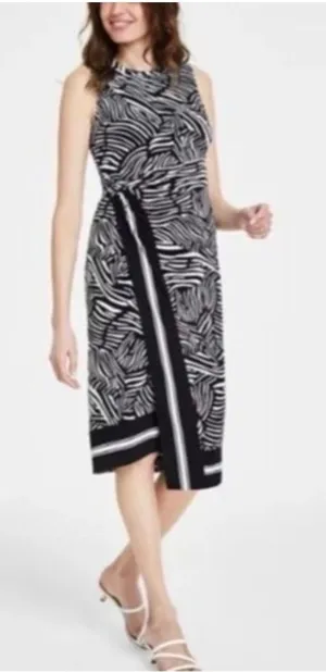 Michael Kors Women Black White Zebra Print Ring Faux Wrap Midi Dress Small thumbnail 1