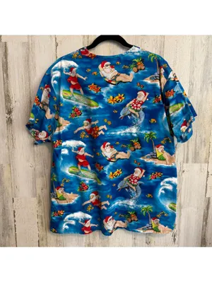 Peaches Uniforms Large Tropical Santa Christmas Scrub Top Surfing Hawaiian thumbnail 5