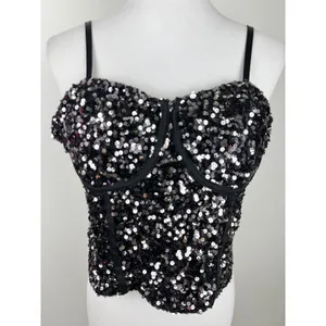 Sequin Corset Bustier Top Underwire Adjustable Straps Black Silver M Size M thumbnail 13