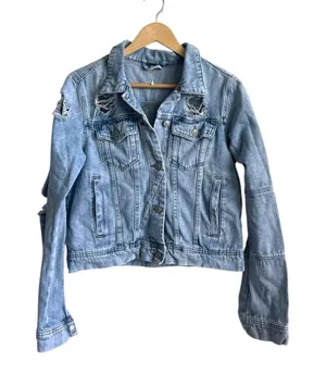 Free People Rumors Distressed Denim Jacket Light Wash Medium thumbnail 1