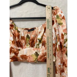 Abercrombie & Fitch Floral Satin Crop Top Medium Long Sleeve Blouse Orange thumbnail 2