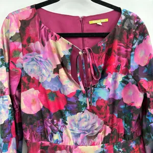 Gianni Bini Floral Dress Lined Balloon Sleeves Flirty Tie Front Keyhole medium thumbnail 6