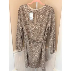 H&M Animal Print Tie Waist Long Sleeve Mini Dress Tan Black Size 10 NWT thumbnail 3