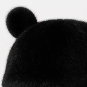 Black Faux Fur Teddy Bear Ear Beanies – High Quality Winter Hat 🐻 thumbnail 2