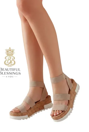Steve Madden platform Sandals Women 8.5 Beige Elastic Strap Cork Wedge Comfort thumbnail 1