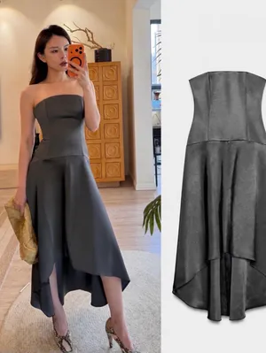 BNWT Zara Dark Gray ZW Collection Asymmetric Satin Dress thumbnail 3