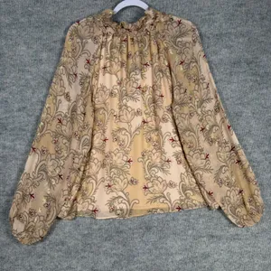 White‎ House Black Market Size-L Ruffle Neck Blouse Lush Lace Gold Floral thumbnail 2