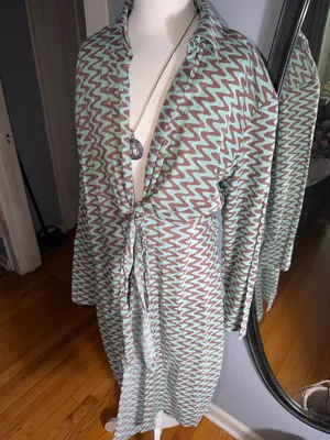 Zara 100% Cotton Mint Green & Black Chevron Tie-Front Long Shirt thumbnail 4