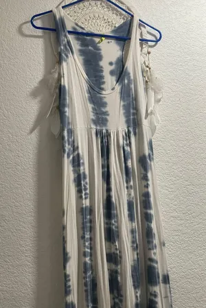 Natural Tie Dye COTTON Maxi Dress Blue/White Women's sz M Boho Style Made in CA thumbnail 8