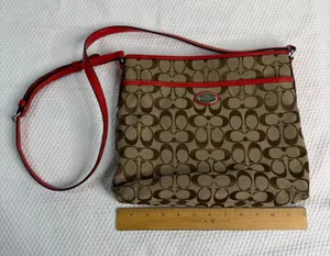Coach Signature File Bag Khaki Brown Red Leather Trim Crossbody F29960 thumbnail 1