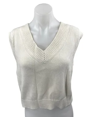 Abercrombie & Fitch Women's Cream Sleeveless V Neck Cropped Tank Sweater Top M thumbnail 1
