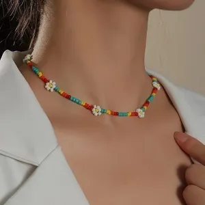 NWOT Rainbow Beach Surf Natural Hippie Love Beaded Choker Flower Glass Necklace thumbnail 3