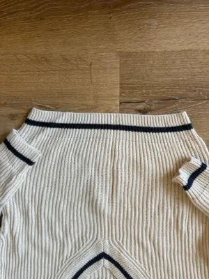 Cream Ribbed V Neck Sweater with Navy Blue Trim thumbnail 2