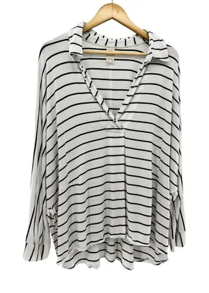 We The Free Pull On Top Jersey Knit White Navy Stripe Spit Front‎ Oversized L thumbnail 1