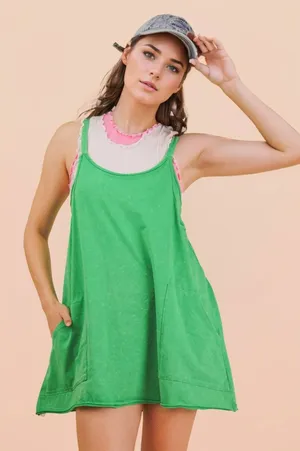 Very J Mineral Washed Green Cotton Romper Mini Dress Small thumbnail 1
