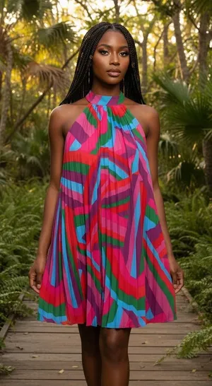 Flying Tomato Halter Neck Pleated Geo Print Mini Dress thumbnail 1