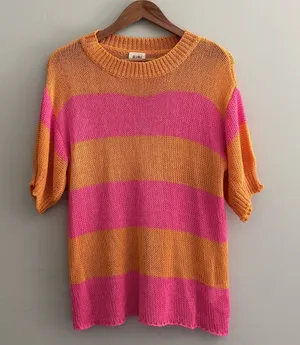 Bibi Orange & Pink Striped Knit Short Sleeve Sweater Medium thumbnail 1