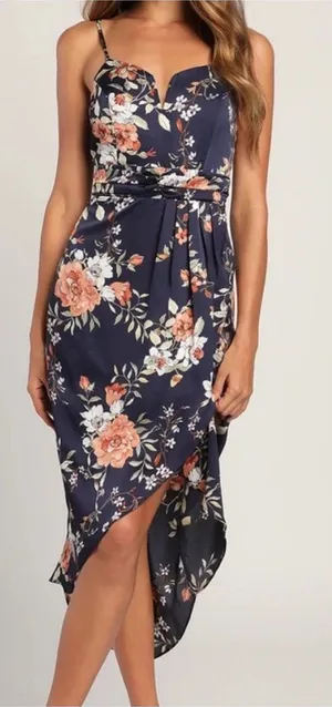 Lulus My Favorite Day Navy Blue Floral Print Tulip Skirt Midi Dress thumbnail 1