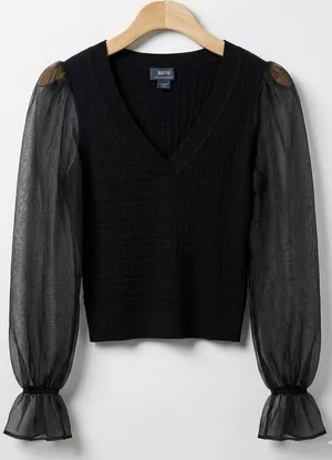 Anthropologie Maeve Black V-Neck Sweater with Sheer Puff Cinched Hem Sleeves thumbnail 1