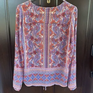EUC ecru Paisley Print Drawstring Hem Blouse Large thumbnail 8