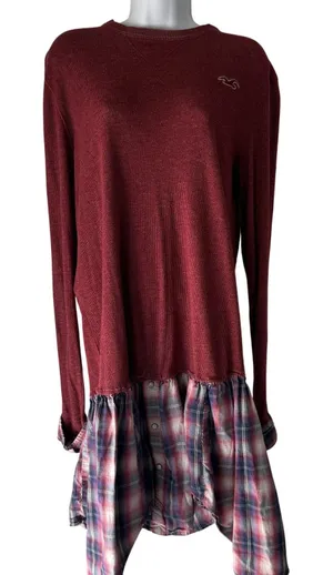 Hollister Sweater Y2k Large Red Plaid‎ Flannel Layered Look Long Sleeve Top thumbnail 1