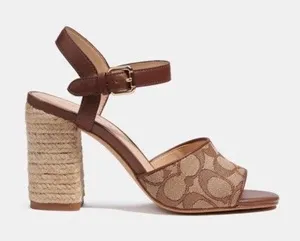 NEW Coach Logo Maddy Sandal Khaki Saddle Summer Woven Block Heel $198.00 Tan thumbnail 1