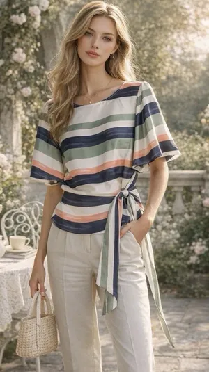 Ann Taylor Factory Striped Flutter Sleeve Tie Waist Blouse Navy Green Peach M thumbnail 1