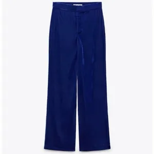 Zara Blue Velvet Velour High Waist Wide Flared Leg Crop Ankle Trousers Pants S thumbnail 5