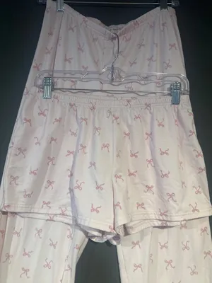 Laura Ashley Women M Pajama Pants Shorts Set Pink Bow Print Coquette Lounge thumbnail 2