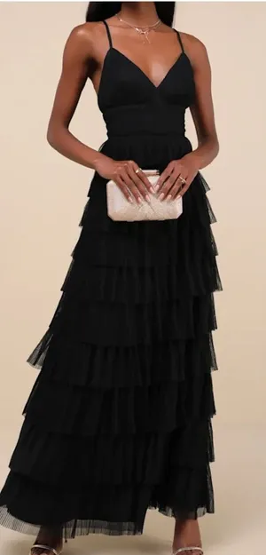 Lulus Radiant Event Black Mesh Tiered Pleated Backless Maxi Dress thumbnail 1