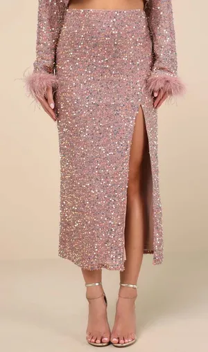 NWT Lulu's Sequin Pink Maxi Skirt Side Slit thumbnail 1