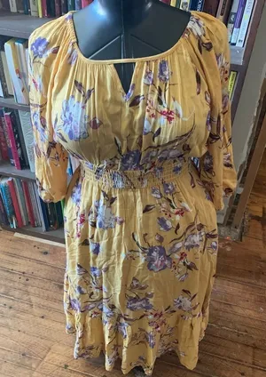Orange Creek modest mustard yellow floral keyhole fit and flare dress thumbnail 1