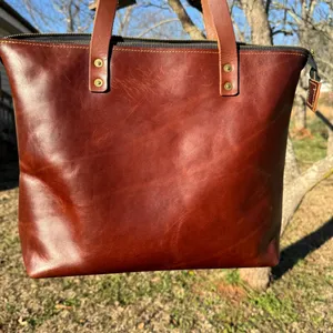 Lifetime Leather Co Brown Leather Large Tote Bag USA Handmade Zip Top thumbnail 6