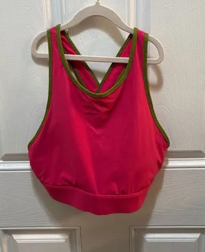Fabletics High Neck Criss-Cross Sports Bra Pink with Green Trim thumbnail 1