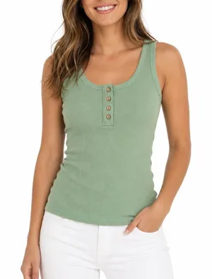 Tank Top Womens Small Sage Green Ribbed Knitted Henley Neck Sleeveless Pullover thumbnail 1