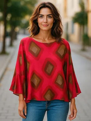 IndoMario Womens Abstract Geometric Blouse‎ Dark Coral Brown Size S/M thumbnail 1