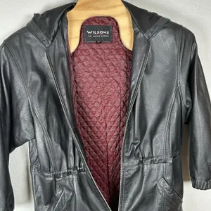 Wilsons‎ Leather Black Long Full-Zip Hooded Jacket Womens Size Large Cinch Waist thumbnail 4