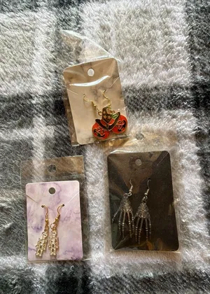 Lot of 3 Pairs Halloween Theme Dangle Earrings: Skeleton, Pumpkin Witch Hat, and thumbnail 1