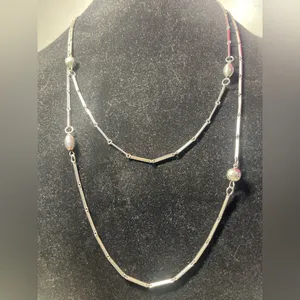 Vintage Silver Tone Long Chain Necklace 54” – Bar Link w/ Textured Beads thumbnail 4
