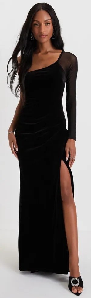 Lulus Lavish Style Black Velvet Mesh One-Shoulder Maxi Dress Size Medium Formal thumbnail 1