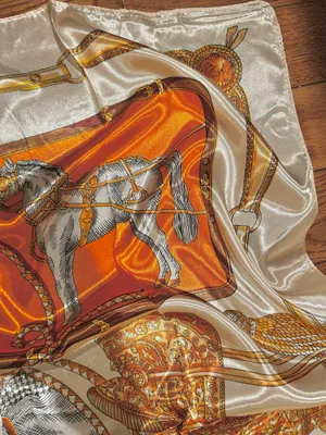 VINTAGE Equestrian ivory/ORANGE Horses&Tassels Print silky Scarf 35’/35’ thumbnail 9