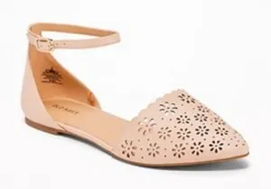 Old Navy Women's Beige Ankle Strap Flats Laser Cut Pointy. thumbnail 1