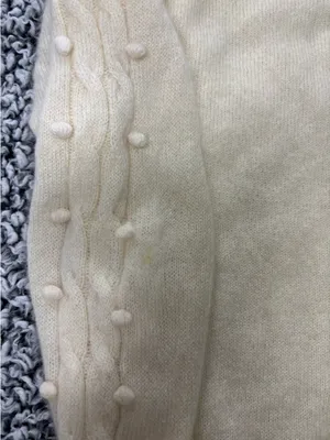 100% Cashmere Sweater Women Size S Cream Cable Knit Pom Pom Beaded Luxury thumbnail 8
