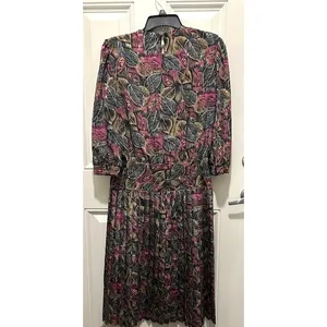 Vintage Alexis‎ Fashions Pink Black Drop Waist Pleated Midi Dress 80s Size Small thumbnail 2