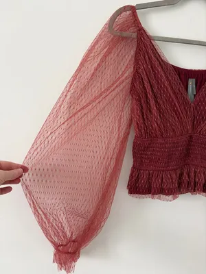 Anthropologie Tulle V Neck Blouse Bordeaux Red Sheer Smocked Peplum Top XS thumbnail 4