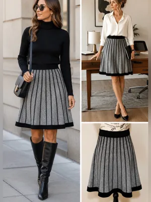 ALC Frank 💥Black Gray Marled Knit A-Line Flare Knit Skirt Pull-On Stretch Size S💛 thumbnail 2