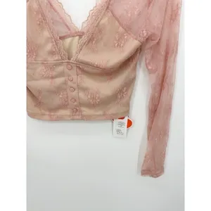 Cider Pink Lace Long Sleeve Crop‎ Top Button Front Size M Witchy Fairy Romantic thumbnail 3