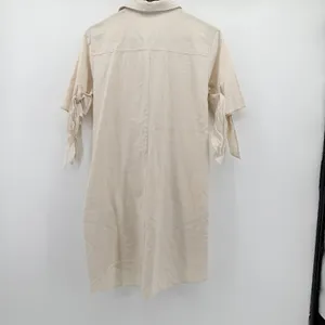 She + Sky Beige Linen Blend Tie Sleeve Button Front Mini Shirt Dress SL9512 S thumbnail 2